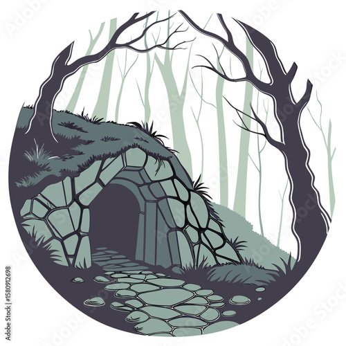 Illustration of a stone cave entrance with a path leading into it surrounded by trees in a forest scene