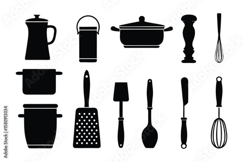 Culinary Harmony: A collection of essential kitchen tools and utensils, meticulously silhouetted in a captivating display of culinary craftsmanship.