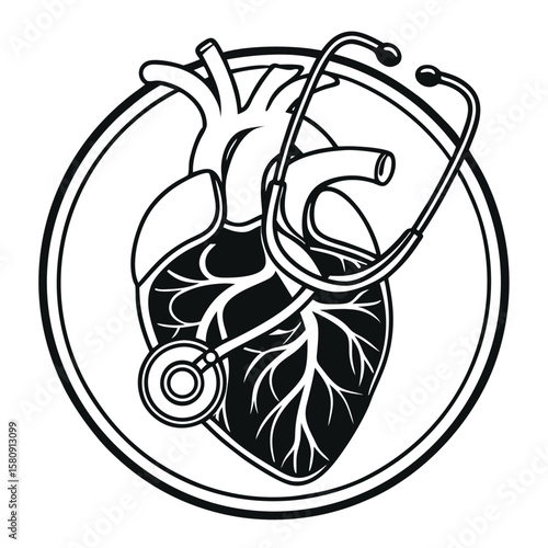 A stylized human heart illustration features a stethoscope encircled in a bold ring, transparent background