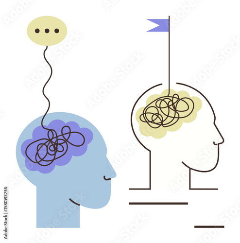 Two human heads with tangled lines inside, one head with thought bubble, other with flag symbolizing clarity and goals. Ideal for mental health, problem-solving, brainstorming, goal-setting