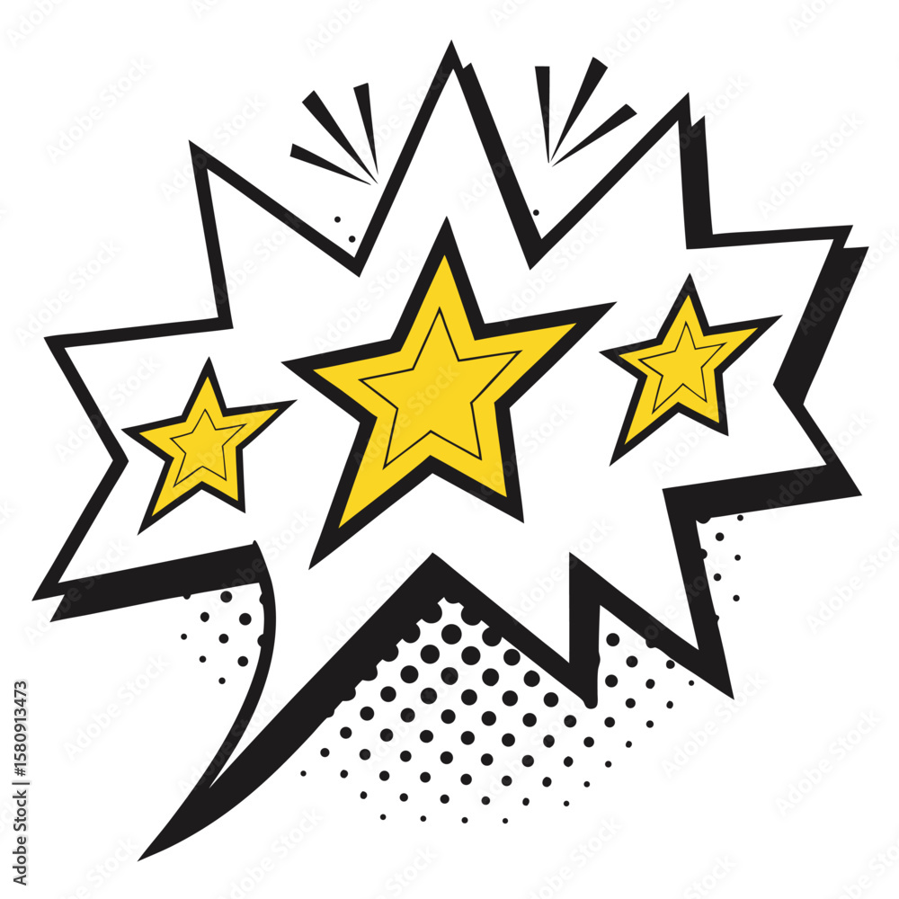 Fototapeta premium Comic burst shows three yellow stars, with black outline and a halftone effect