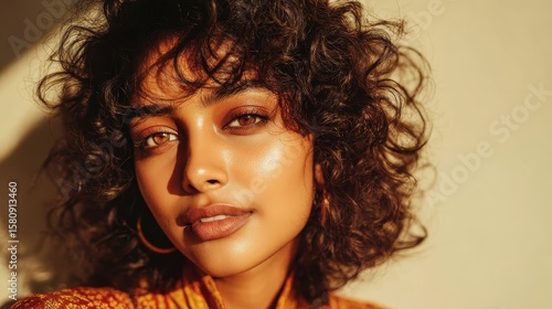 Wallpaper Mural Indian woman with natural curls and warm tone makeup, sunlight feel, cream background with top space Torontodigital.ca