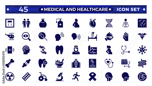 Medical and Healthcare web icons in solid style. Medicine, check up, doctor, dentistry, pharmacy, lab, scientific discovery, collection.