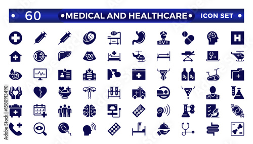Medical and Healthcare web icons in solid style. Medicine, check up, doctor, dentistry, pharmacy, lab, scientific discovery, collection.