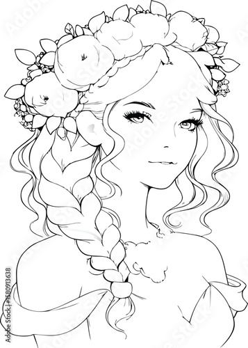 Elegant maiden with braided hair and floral crown gazes serenely, rendered in detailed black and white line art suitable for coloring books.
