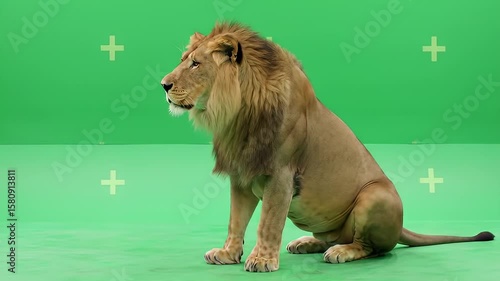 Side view of lion sitting on green background