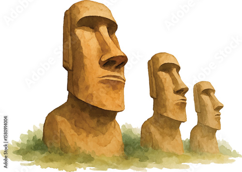 Moai Statues Watercolor Illustration – Easter Island Cultural Heritage