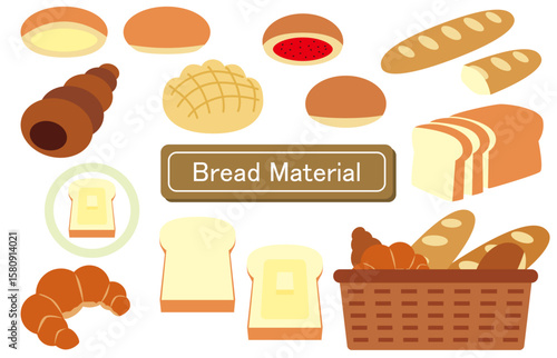 アイコン、シンボルにも使える朝食等で食べる食パンやクリーム、ジャムパンなどの菓子パンなど食べ物のパンをデザインしたベクター・イラストのコレクション