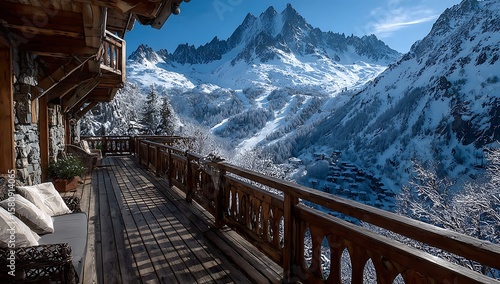 Wooden Deck Overlooking Snow Covered Mountain Range in Winter Alpine Village Scene with Carved Balustrade and Comfortable Cushioned Seating Area