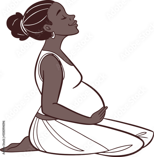 Pregnant woman in serene meditation, cradling her baby bump in a relaxed pose, embodying maternal wellness.