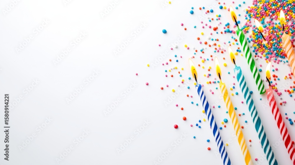 Naklejka premium Top-down view of colorful lit birthday cake candles surrounded by rainbow candy sprinkles on a white background, festive celebration concept