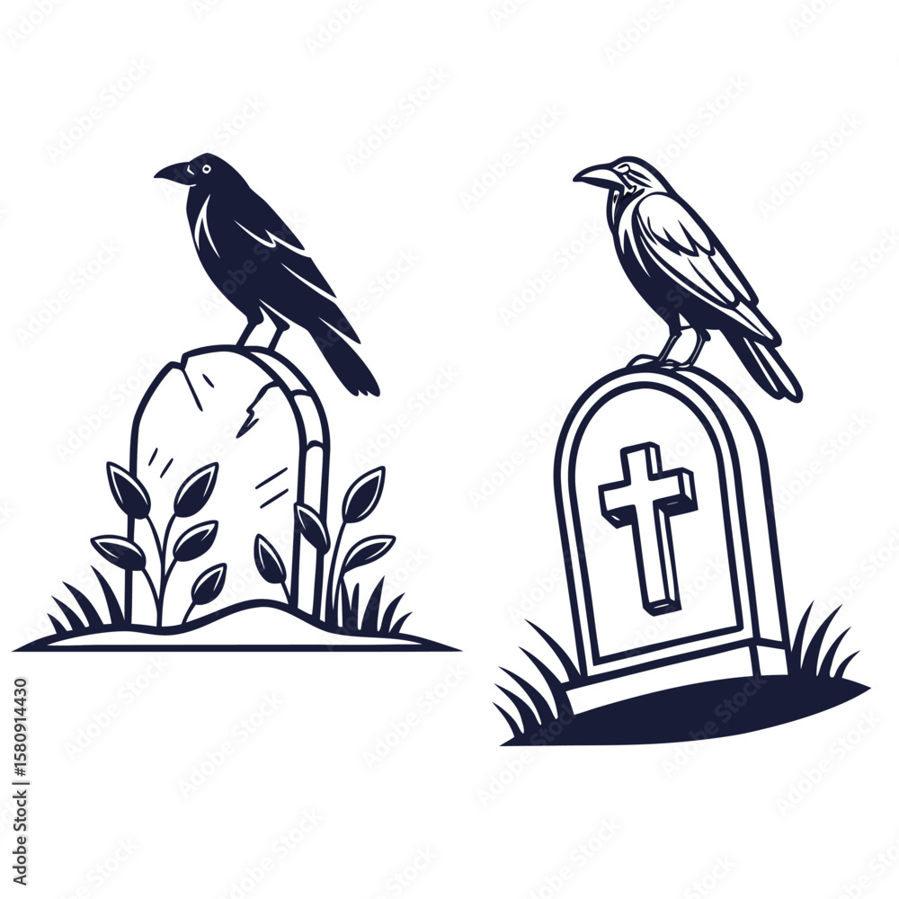 Naklejka premium Two gravestones each topped with a raven, one with plants and the other with a cross, in black and white