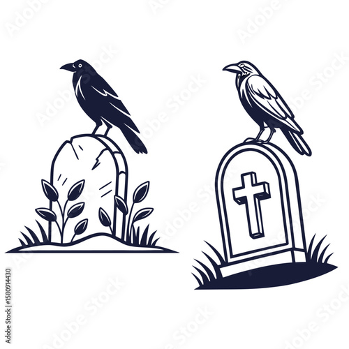 Two gravestones each topped with a raven, one with plants and the other with a cross, in black and white