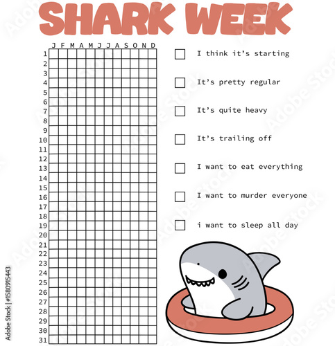 planner shark week page, menstrual calendar journaling