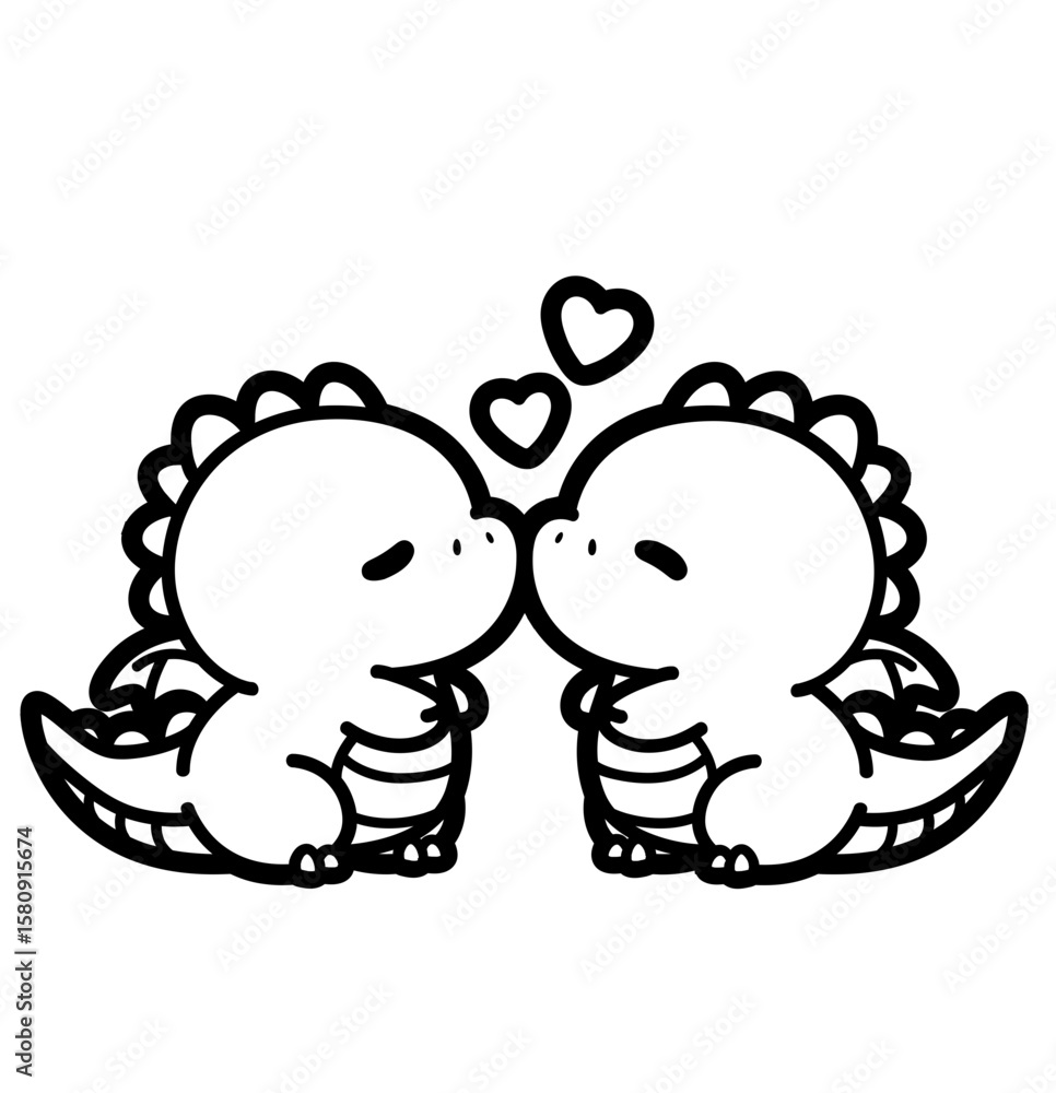 Fototapeta premium Cute Kawaii Dinosaur Couple Hugging, Romantic Animal Illustration
