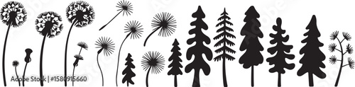 Diverse nature silhouettes: Dandelions and evergreens