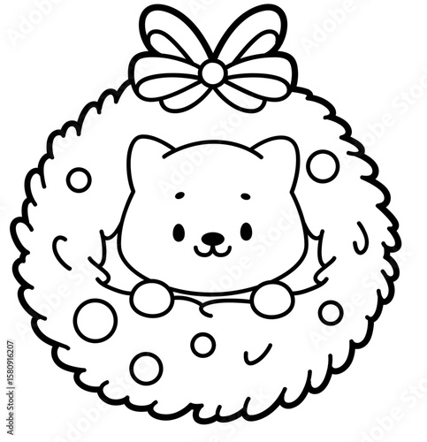 Wreath with Cozy Pet — Kawaii Christmas Wreath Clipart (Line Art)