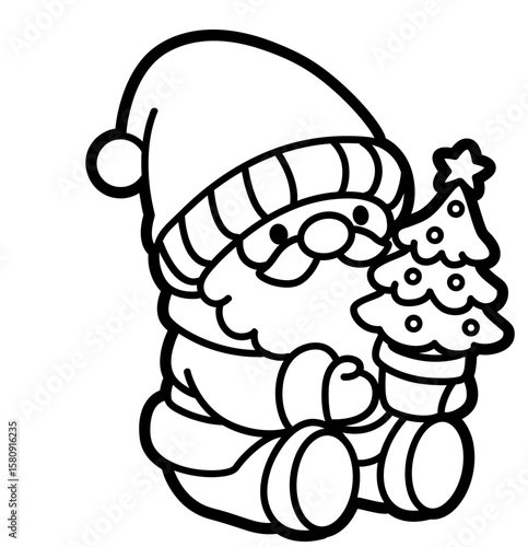 Santa Holding Mini Tree — Kawaii Christmas Coloring Page & Clipart