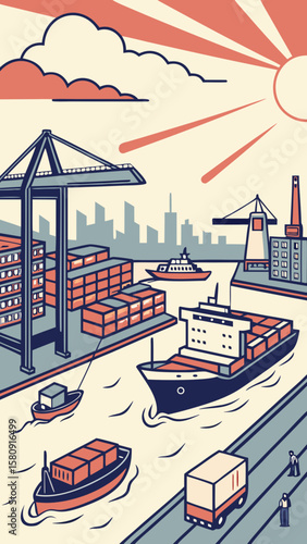 Shipping port with containers, cranes, and boats under sunset sky  