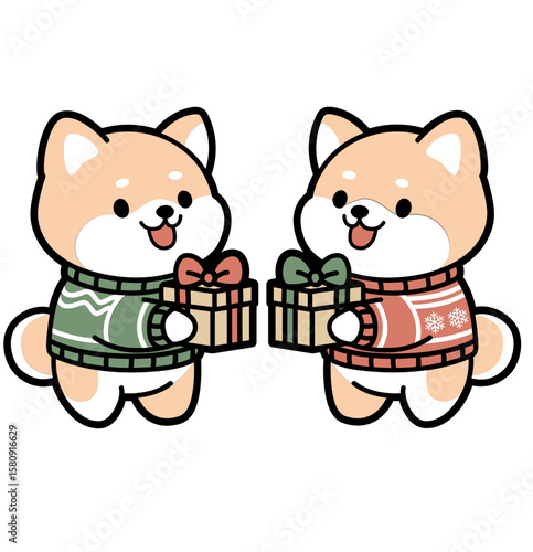 Two Shiba Inu Exchanging Gifts