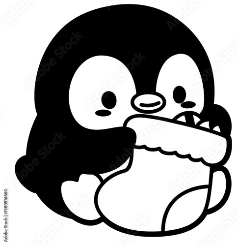 Penguin Hugging Christmas Stocking Outline - Kawaii Holiday SVG Clipart