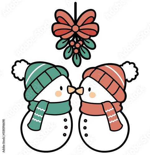 simple christmas snowmen kissing under mistletoe - layered cut file - winter clip art