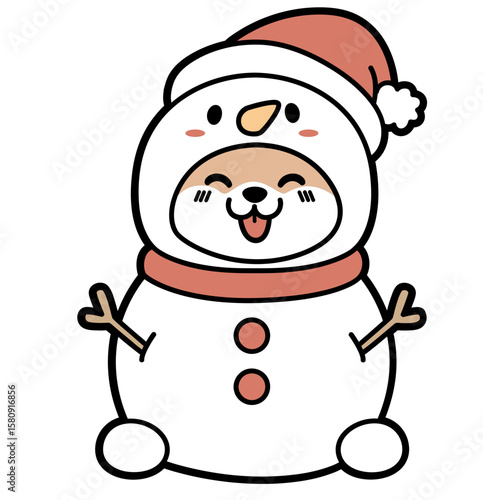 Kawaii Snowman with shiba inu puppy Face — Cute Christmas Winter Clipart Illustration