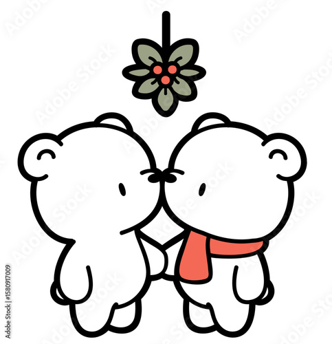 Cute polar bears under mistletoe – kawaii Christmas couple illustration, romantic winter sticker svg for Cricut