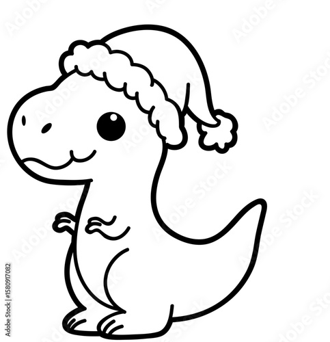 Kawaii Christmas Dinosaur Coloring Page with Santa Hat — Cute Winter Holiday Line Art