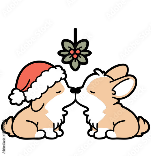 simple cute cartoon corgi kissing under mistletoe - layered cut file - christmas clipart