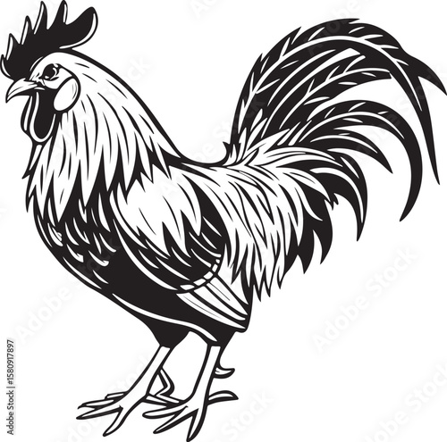 Vibrant rooster artwork showcasing elegant plumage and strong farm bird stance.