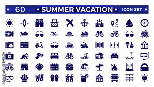 Summer vacations solid icon set. Vector solid illustrations with objects, activities, and places related to traveling, tourism, outdoors on the beach and mountains, camping, resorts, and hotels.
