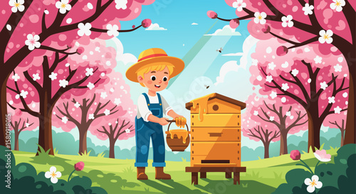 Illustration SVG Vector SVG Design of Child Beekeeper with Honeycomb in Blooming Cherry Orchard in Flat Modern Style with Bright Colors