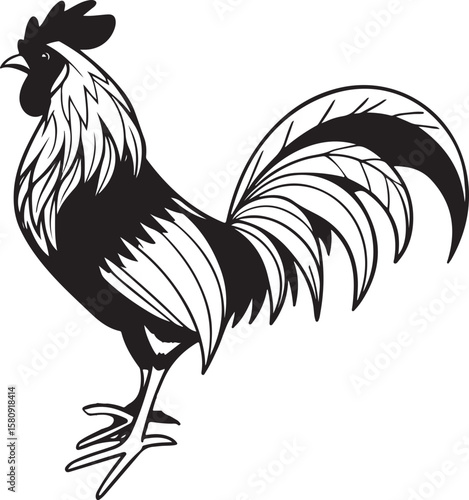 Bright and elegant farm bird illustration featuring a standing rooster with surrounding leaves and flowers.