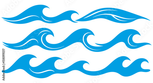 Set of blue waves isolated on a transparent or white background, vector illustration.