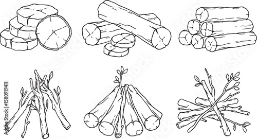 hand-drawn wood elements, including logs, tree stumps, chopped firewood, kindling, planks, and a wooden fence. Perfect for designs related to nature, camping, construction, forestry, heating.