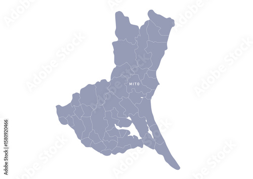 グレー色の日本地図, 茨城県の行政区分付き地図, Gray map of Japan, Ibaraki prefecture