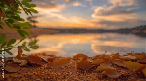Golden autumn leaves on a stony lakeshore with soft sunset colors reflecting in the calm water