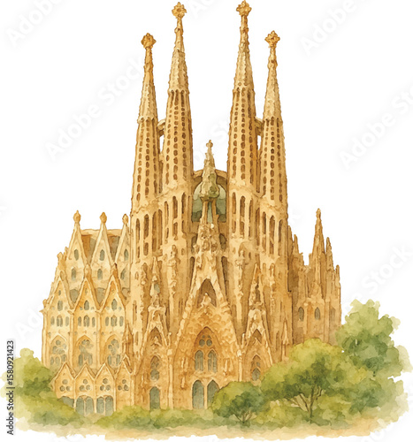 Sagrada Familia Watercolor Illustration – Barcelona Architectural Landmark