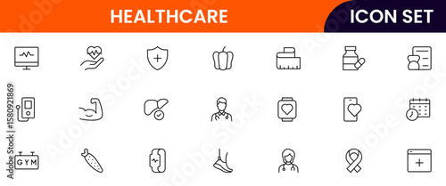 Healthcare vector web line icon collection, sleek illustrations of wearables, heart monitors, fitness apps for wellness-focused designs.
