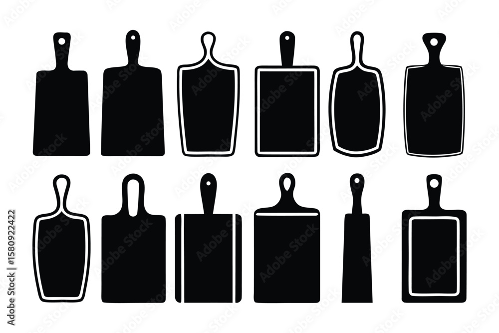 Fototapeta premium A collection of black and white silhouette illustrations of various cutting boards with handles and hanging holes