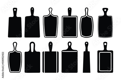 A collection of black and white silhouette illustrations of various cutting boards with handles and hanging holes