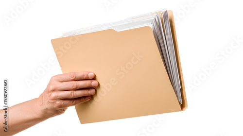 A hand holding a beige file folder with visible white documents isolated on transparent  background