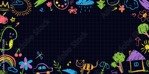 Colorful doodle frame, black border with hand drawn crayon children drawings. Chalk texture, cute childish illustration on checkered background. Template for banner, kids certificate of diploma.