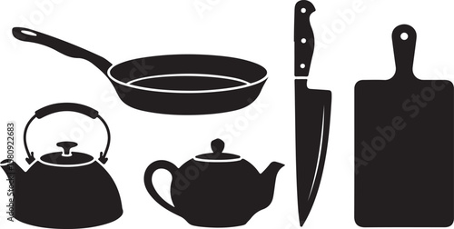 Black kitchenware silhouettes cooking food preparation