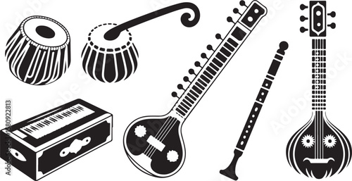 Indian musical instruments black silhouettes tabla