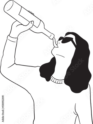 Line art illustration of a person wearing sunglasses and drinking directly from a bottle, shown in a simple, expressive style. This image can represent casual consumption, celebration, or a carefree.