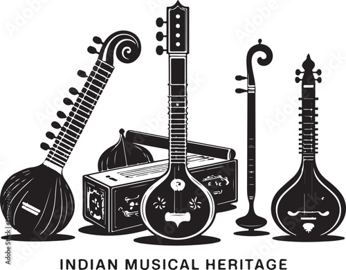 Indian stringed musical instruments and case sitar