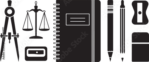 School supplies and justice scales black and white