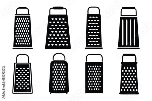 Collection of black and white silhouette icons depicting various styles of kitchen graters with different grating surfaces and handles